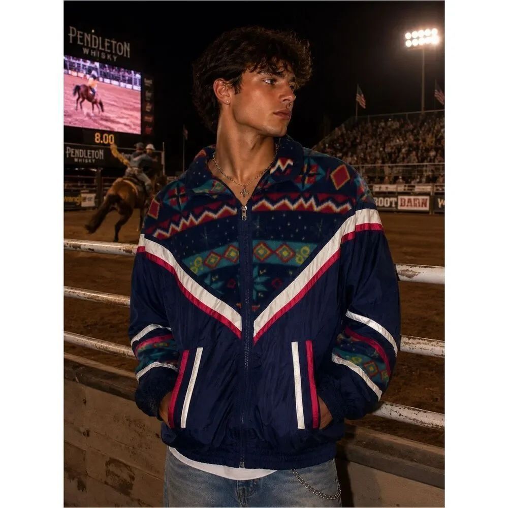 VTG New York Classics Nylon Fleece Striped Mixed Media Windbreaker Sz M Retro